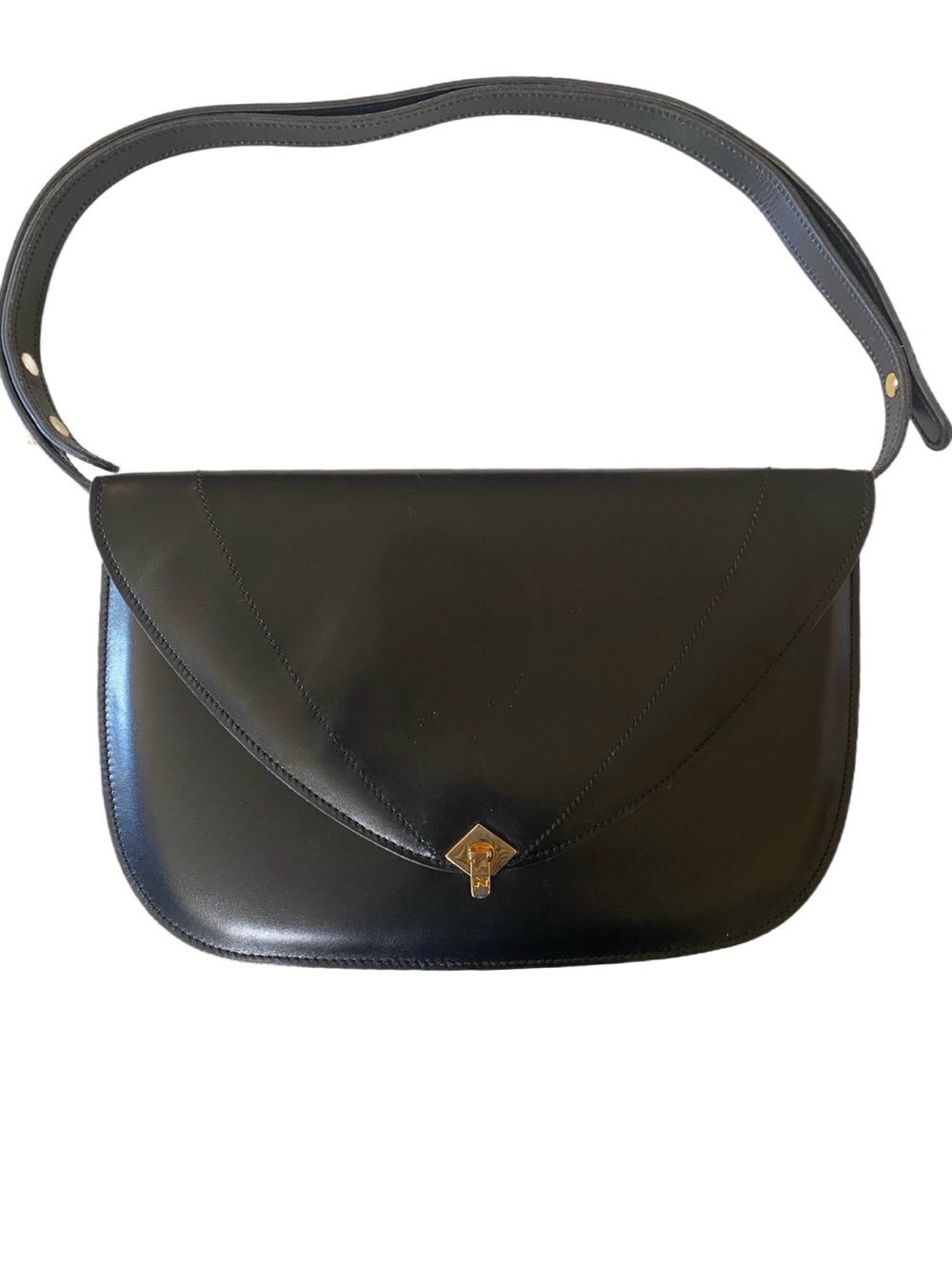 Vintage Nina Ricci Black Leather Envelope Shoulder Bag Gold Clasp Adjustable